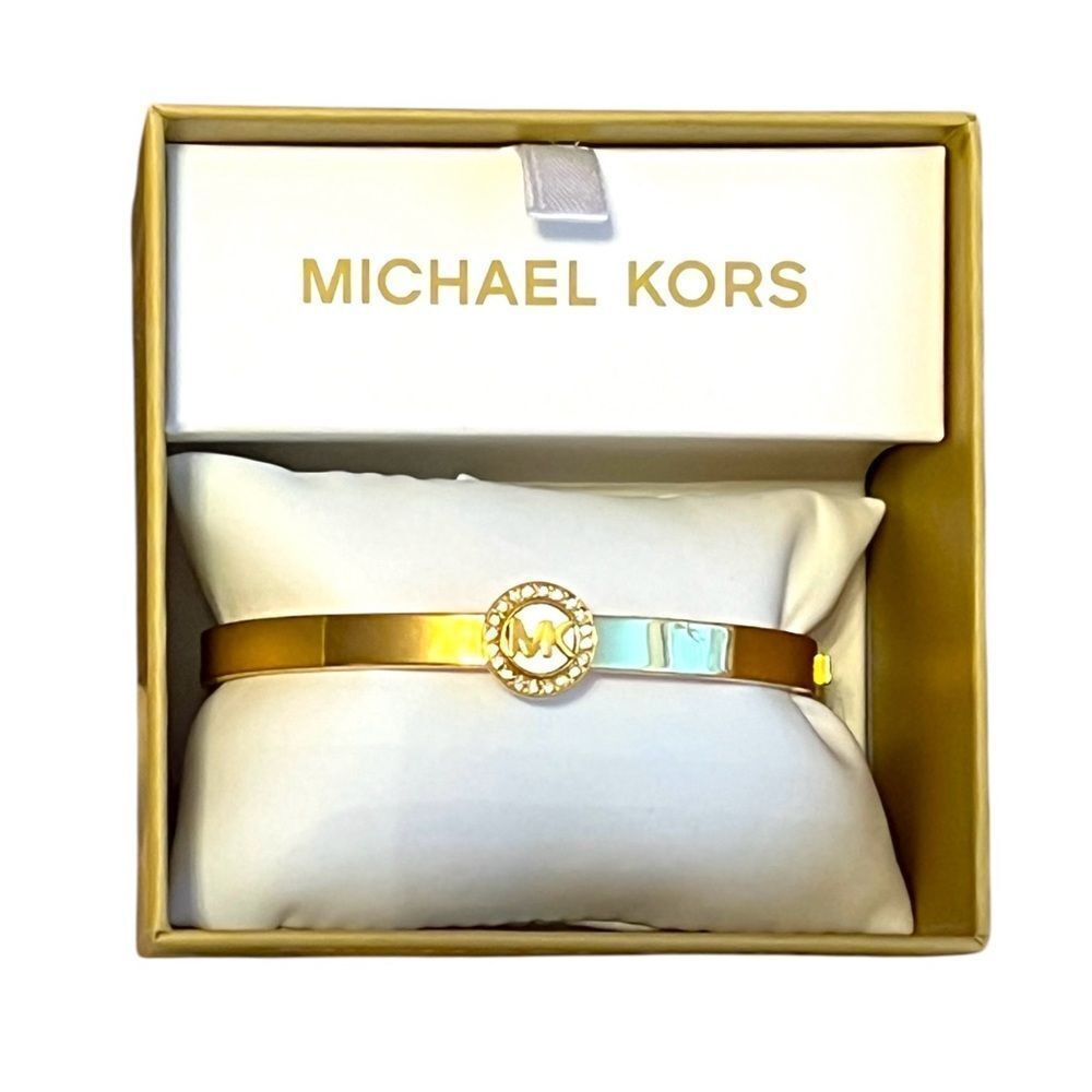 Michael Kors Logo Mother Of Pearl Gold Hinged Bangle With Box - Picture 6 of 9